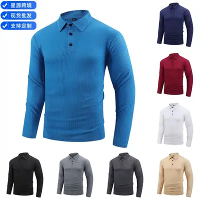 Men's Grey Waffle Knit Long Sleeve Polo Shirt