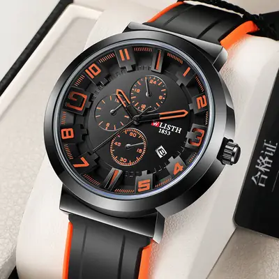Men's Black Orange Quartz Watch with 6-Hand Display
