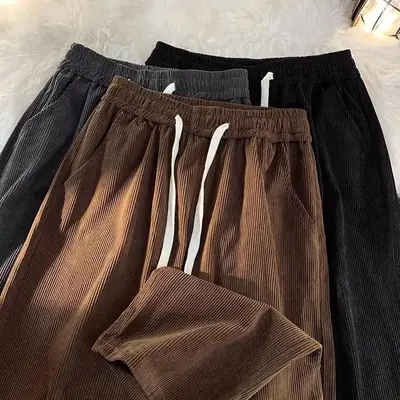 Men's Black Corduroy Straight Pants Spring Autumn Loose Fit