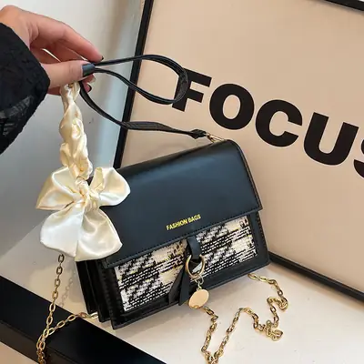 Women's Black Silk Crossbody Bag with Chain Strap