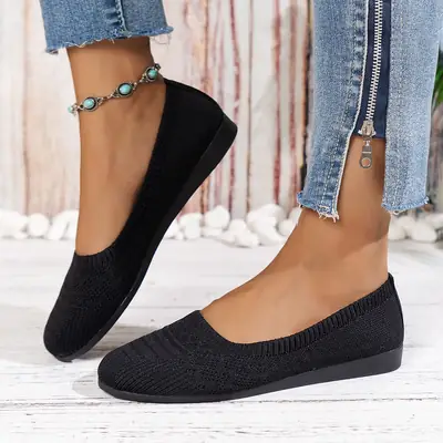 Black Knitted Slip-On Mom Shoes for Women
