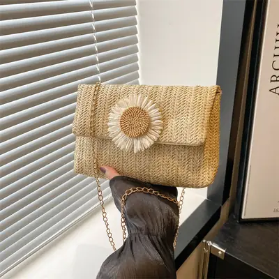 Women's Straw Crossbody Bag with Flower Decor