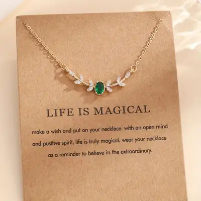 Emerald Pendant Necklace with Zircon Branch Design