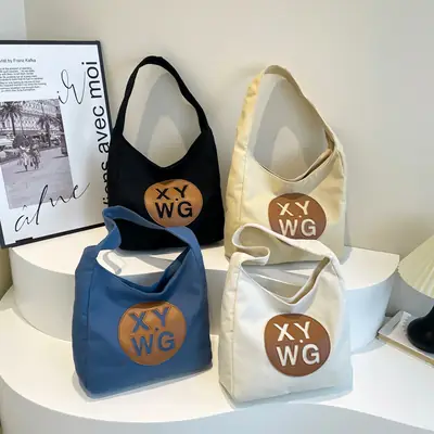 Blue Canvas Shoulder Bag with Logo Embossing