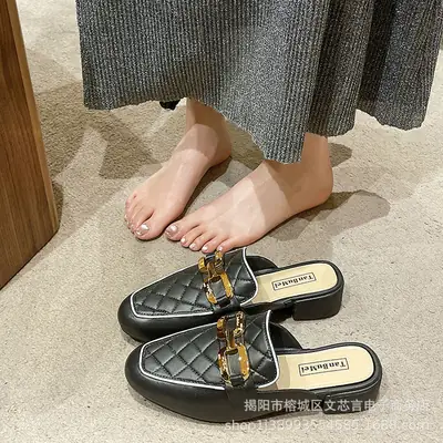 Women Lazy Toe-Toe Slippers Brown Low Heeled Korean Style