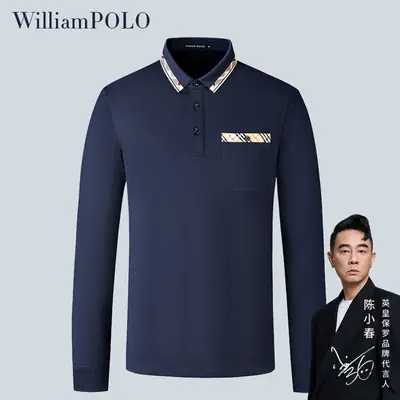 William PO Paul Men's Navy Blue Long Sleeve Polo Shirt with Plaid Pocket
