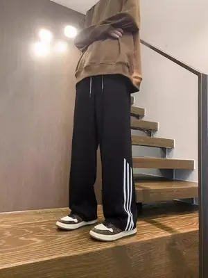 Men's Three Bar Striped Pants White Thickened Casual Winter