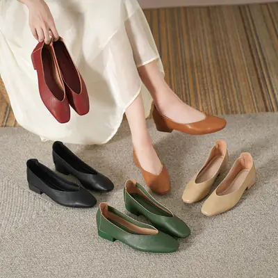 Black Square Toe Low Heel Women's Flat Shoes