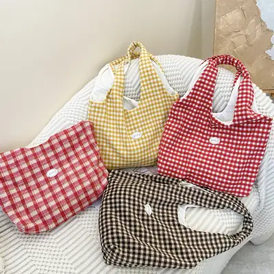 Red Checkered Woolen Shoulder Bag for Women