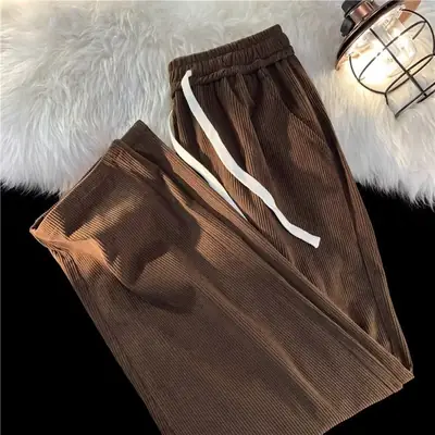 American Style Brown Corduroy Casual Pants Men Loose 2024