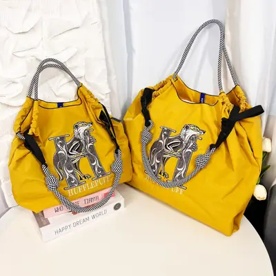 Yellow Embroidered Nylon Shoulder Bag Large Capacity