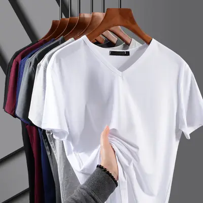 Men's V-Neck Mercerized T-Shirt Summer Ice Silk Quick Dry