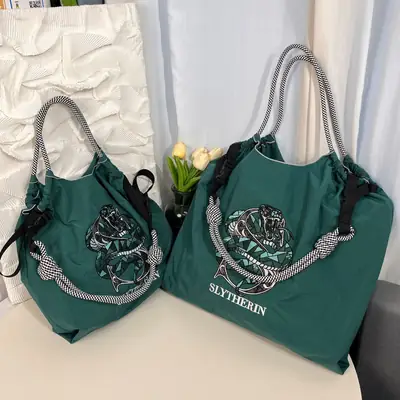Green Embroidered Nylon Shopping Bag Large Capacity