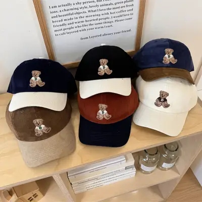 Vintage Bear Embroidered Corduroy Cap Women Spring Autumn