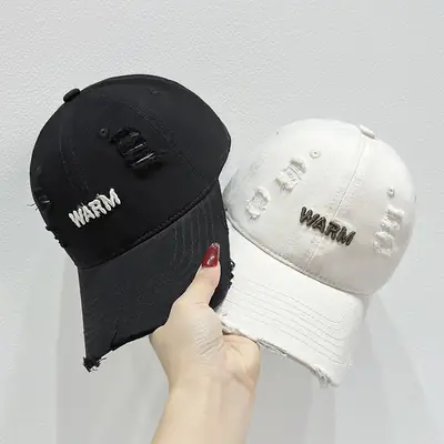 Women's Black Washed Hole Cap with "WARM" Embroidery