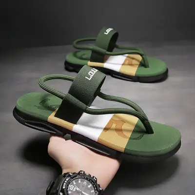 Men's Green Leather Beach Flip-Flops with Thick Sole
