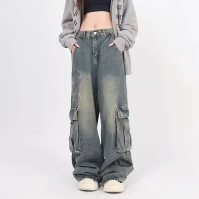 Men Retro Washed Jeans Wide Leg Pants Spring Autumn