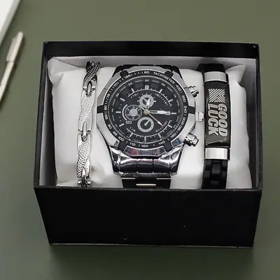 Men's Black Chronograph Wristwatch Set with Bracelet & Watchcase