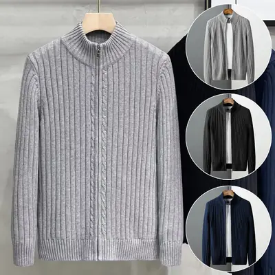 Men's Grey Knit Zipper Cardigan Sweater Winter Wear