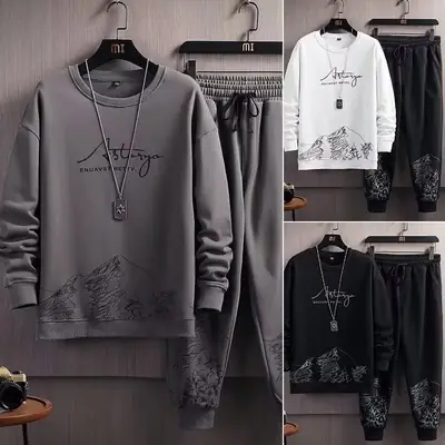 Men's White Mountain Print Sweatpants Set Spring Autumn Loose Fit