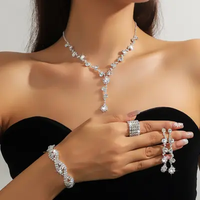 Full Diamond Necklace Set with Earrings & Rings