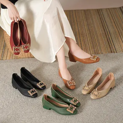Black Square-Toe Low Heel Women's Shoes