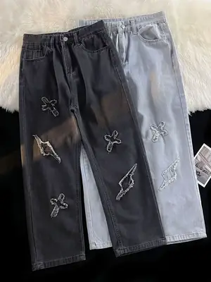 Men's Silver Patchwork Jeans Autumn Loose Pants