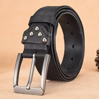 Men's Cowhide Belt with Silver Buckle & Metal Studs