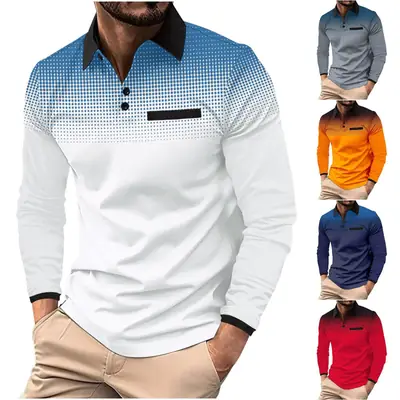 Men's Printed POLO Shirt Cream Black Polka Dot Long Sleeve