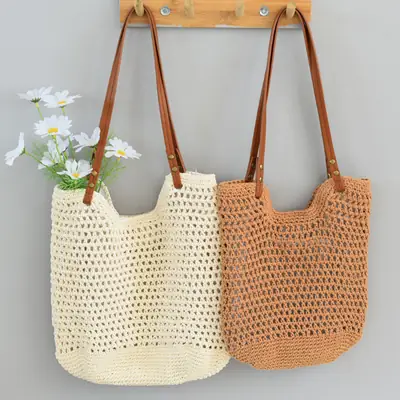 Women Woven Shoulder Bag Summer Large Capacity Tan White
