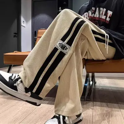 Men's Corduroy Pants Beige Black Stripes Straight Fit