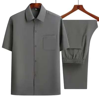 Men Ice Silk Short Sleeve Shirt Navy Blue Elderly Summer