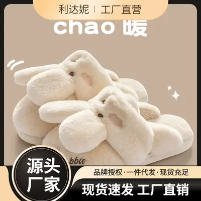 Rabbit Fur Women's Winter Slippers Brown