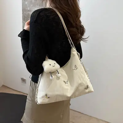 Pink Embroidered Women's Tote Bag with Butterfly Design