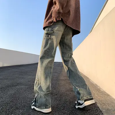 Men's Washed American Style Loose Straight Tube Split Jeans