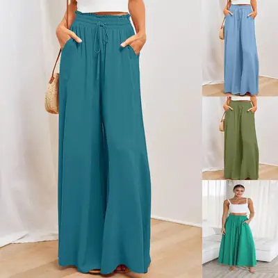 Wide Leg Pants for Women Green Elastic Waist Long Culotte