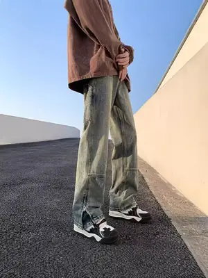 Men Vintage Washed Jeans High Street Hiphop Zipper Split Pants
