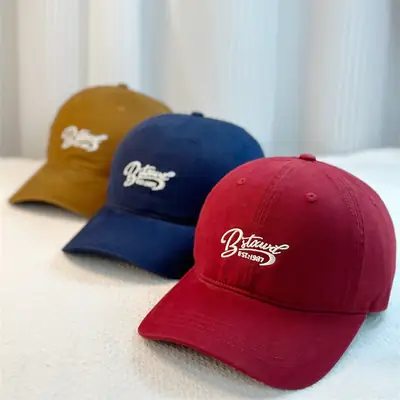 Korean Letter Embroidered Baseball Caps Blue Brown