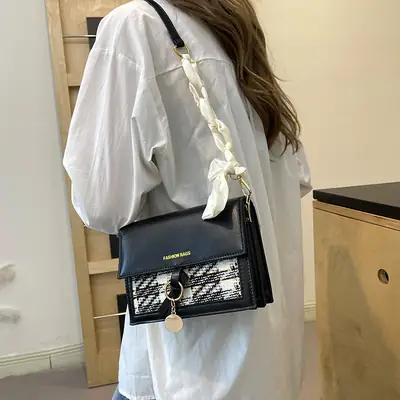 Black Embroidered Chain Shoulder Bag for Women