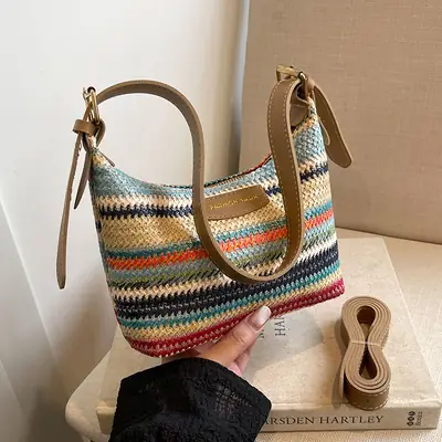 Women's Striped Woven Shoulder Bag 2024 Summer