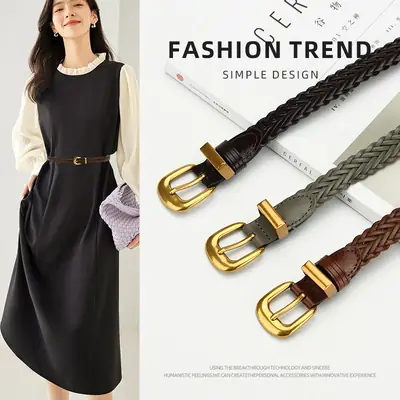 Black Handwoven Belted Dress with Gold Buckle