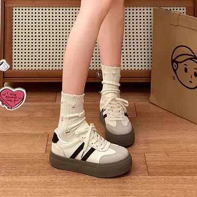 Women's Black White Striped Thick Sole Casual Sneakers