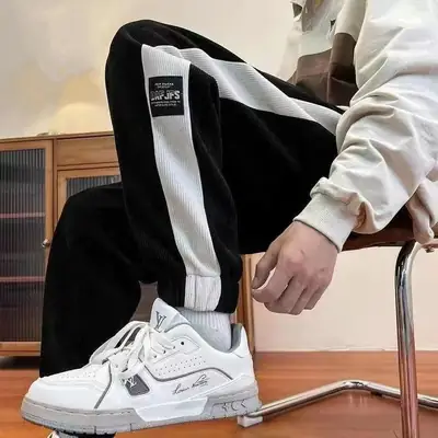 Men's 2024 Cotton Corduroy Track Pants Black White