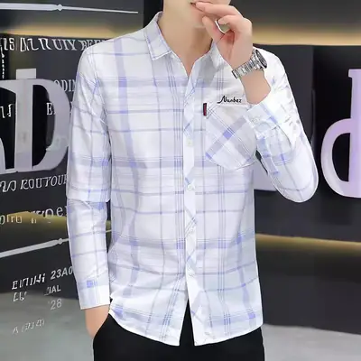 Japanese Style Plaid Long Sleeve Shirt Light Blue White