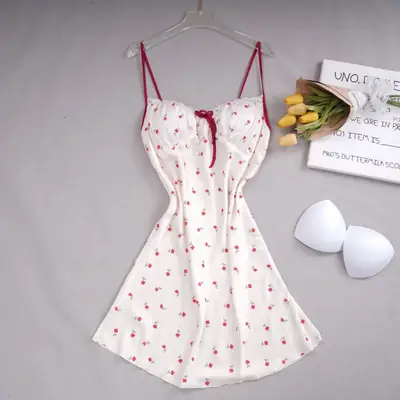 White Printed Ice Silk Nightgown with Red Bow