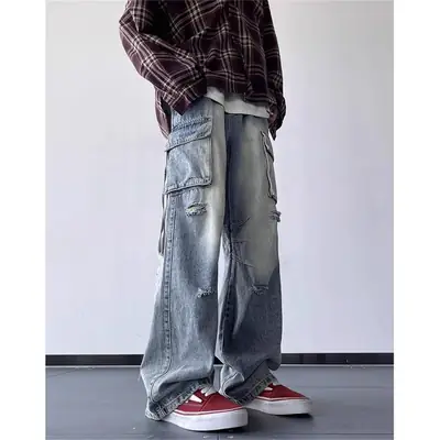 Vintage Ripped Wide Leg Jeans Men's Autumn