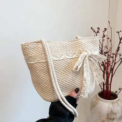 Summer Straw Woven Bow Scarf Bag for Women