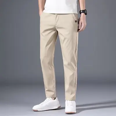 Men's Beige Stretch Pants Spring Autumn Loose Fit
