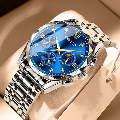 Men's Blue Dial Waterproof Watch with 3 Subdials