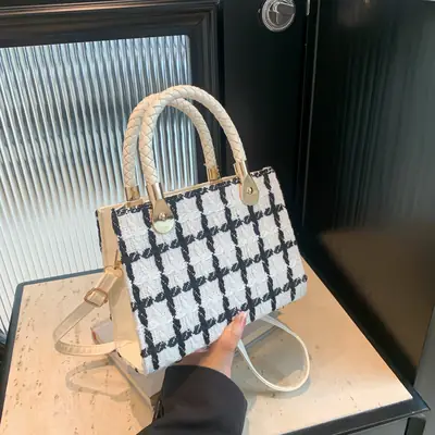 Women Woolen Shoulder Crossbody Bag Black Plaid 2024